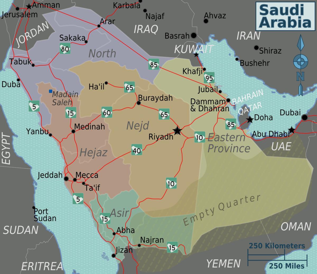 Kaart van Saoedi-Arabië met steden afstand