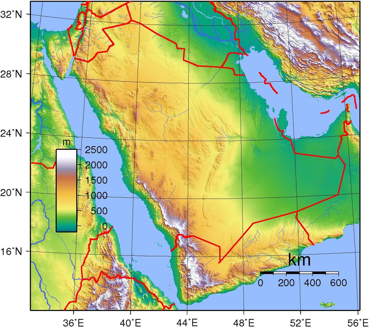 Kaart van Saudi-Arabië hoogte